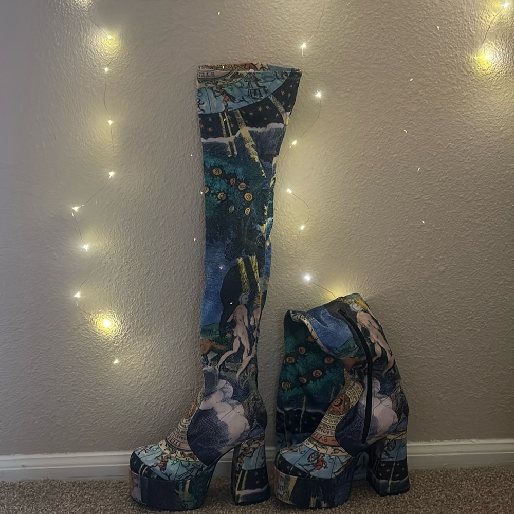Satin Dolls Kill astrological heeled thigh high boots. Size 9